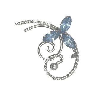 Vintage Wells Brooch Pin With Blue Rhinestones and Silver